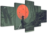 Large Canvas Wall Art Samurai Standing on Stairway in Night Forest with The Red Moon on Background, Painting Pictures - 60"x32"