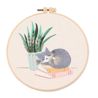 AOOKMIYA DIY Embroidery Kit Cat Plant Printed Pattern Beginner Cross Stitch Set Needlework Hoop Handmade Sewing Hobby Kits