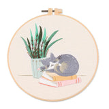 AOOKMIYA DIY Embroidery Kit Cat Plant Printed Pattern Beginner Cross Stitch Set Needlework Hoop Handmade Sewing Hobby Kits