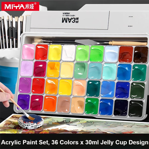 HIMI Acrylic Paint Set, 36 Colors x 30ml Jelly Cup Design in a Carrying Case Non-Toxic for Canvas, Wood, Fabric, Leather Drawing
