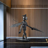 Metal floor knight sculpture. Hotel villa lobby corridor large decoration.
