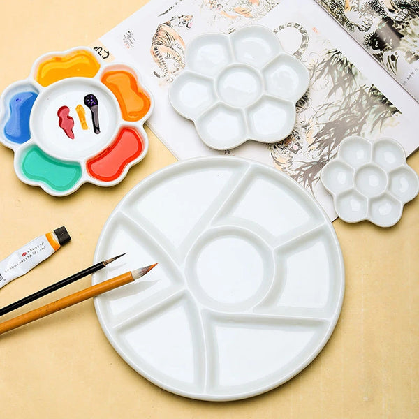 AOOKMIYA Plum Blossom Ceramic Palette Mixed Color Pigment Palette Round Ceramic Tray for Watercolor Gouache Painting Art Supplies