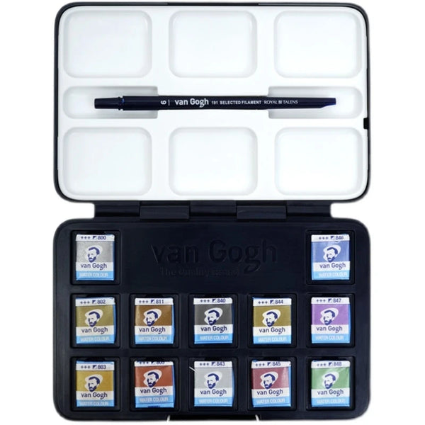 AOOKMIYA Van Gogh 12 Color Solid Watercolor Paint Set with Palette Brush Metallic Intrusion Color Artist Travel Painting Art Supplies