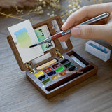 AOOKMIYA Portable 12Colors Watercolor Palette Set with Brush Walnut Magnetic Paints Box Travel Painting Sketching Paint Tray Art Supplies