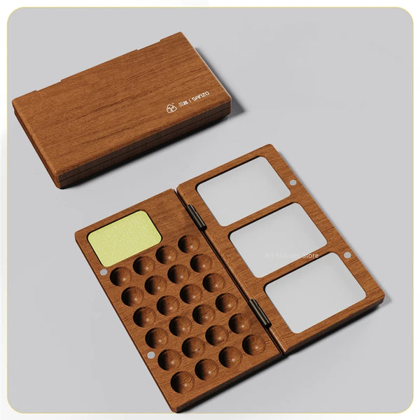 Convenient Wooden Watercolor Paint Dispenser  Vintage 24 Holes with Palette Sponge Eraser Removable Outdoor Painting Tools
