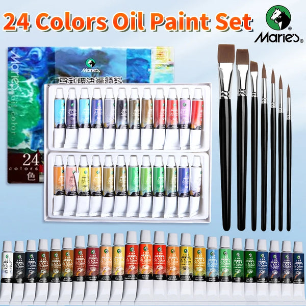 AOOKMIYA Marie's 31 pcs Oil Paint Set,7 pcs Brushes & 24 Colors 12ml/0.42oz Tubes,Oil Based Pigments & Brushes Kit for Canvas,Craft