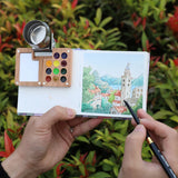 AOOKMIYA New 11-grid Portable Palette Mini Watercolor Paint Box Walnut Travel Carry-on Painting and Sketching Set Art Supplies