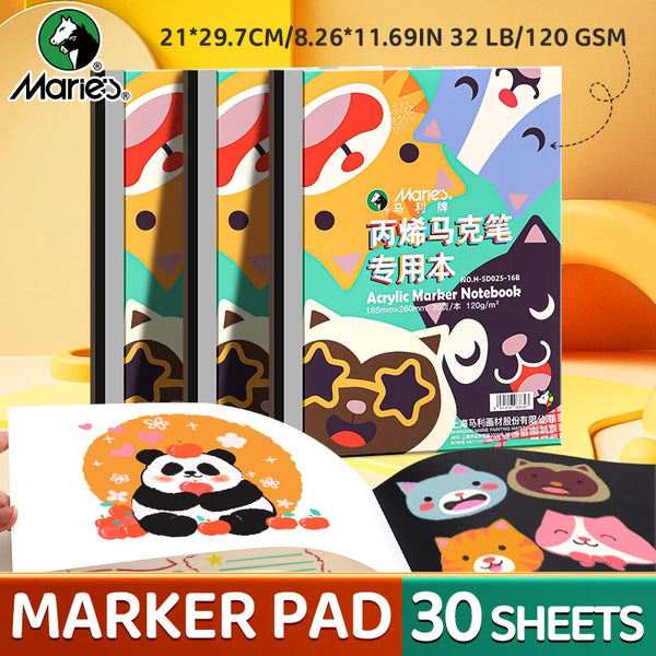 AOOKMIYA Marie's Acrylic Marker Pad,30 Sheets White and Black 32 lb/120 gsm Drawing Papers,Bleedproof Sketchbook for Alcohol Markers