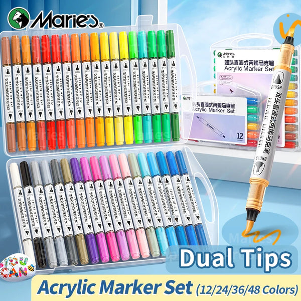 AOOKMIYA Marie's 12/24/36/48 Colors Acrylic Paint Marker Set, Dual Tips with Soft & Chisel Tips with Automatic Ink for Adults, All-ages