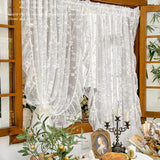 White Embroidered Lace Curtain, French Romantic Ruffled Voile Rod Pocket, Light Filtering Floral Sheer Curtains for Bedroom