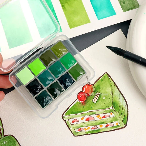 AOOKMIYA 12 Colors White Night Watercolor Paint Packed 0.5/1ML Green Series Artist Grade Plant Painting Portable Travel Art Supplies