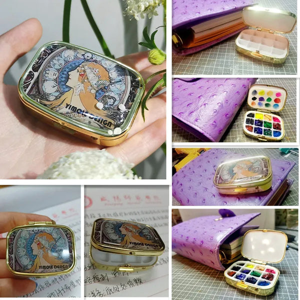 AOOKMIYA Mini Portable Watercolor Paint Box Metal Watercolor Sub-packing Box Pigment Moisturizing Box Sketch Painting Art Supplies