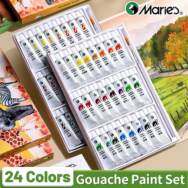 AOOKMIYA 24 Colors Marie's Gouache Paint Set with 1pc Paintbrush,5ml Each Tube for Canvas,Paper,Crafts,DIY for Hobbyist,Adults,Students