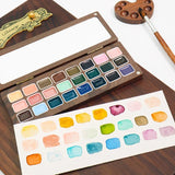 AOOKMIYA 24 Colors 1ml Solid Watercolor Pigment Wooden Box with Palette Handmade Solid Pigment Painting Portable Nail Art Supplies