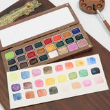AOOKMIYA 24 Colors 1ml Solid Watercolor Pigment Wooden Box with Palette Handmade Solid Pigment Painting Portable Nail Art Supplies