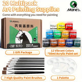 AOOKMIYA Marie's 20pcs Acrylic Paint Set,12 Colors (50ml/1.69oz) with 7 Brushes and 1 Palette for Canvas,Wood,Stone for Artists & Adults