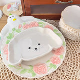 Cute Cartoon Dog, Rose, Duckling Ceramic Plate, Color Palette +Penholder Pen Washing Set   Brush Washing Bucket