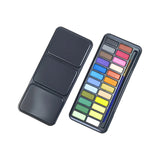 24 color iron box solid watercolor paint, free pen and color card. Suitable for beginners painting, doodling.