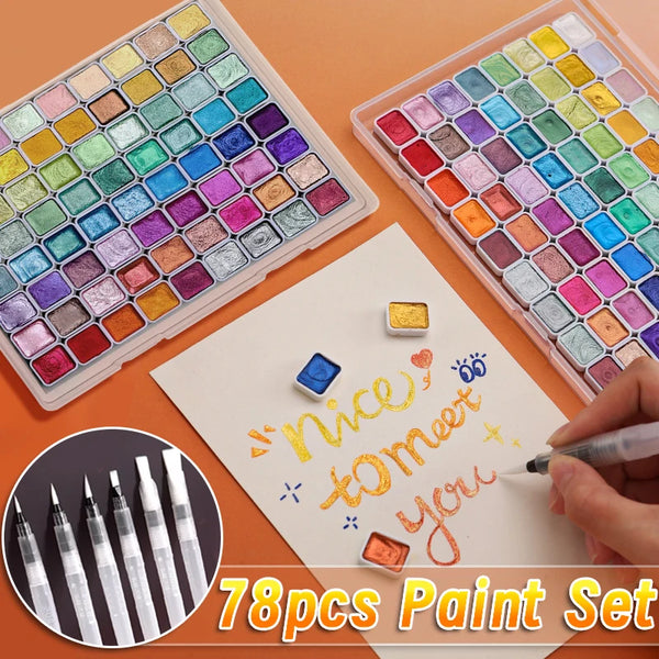 AOOKMIYA 78pcs Pearlescent Solid Watercolor Paint Set with Brushes,Metallic Sparkle Pigment with Portable Box for Painting,Writing