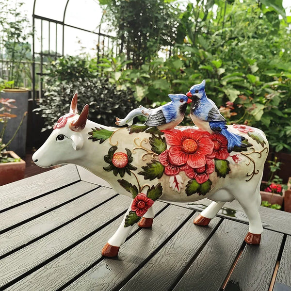 AOOKMIYA ART+ Creative Gifts Creative Color Painted Ceramic Cow Ornament for Room Decoration Porcelain Animal Figurine Blue Phoenix Cattle Relocation Gift