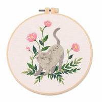 AOOKMIYA DIY Embroidery Kit Cat Plant Printed Pattern Beginner Cross Stitch Set Needlework Hoop Handmade Sewing Hobby Kits