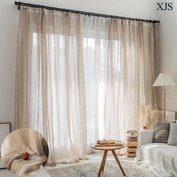 Modern Linen Look Curtains Light Filtering Voile Tulle Farmhouse Flax Blend Semi Sheer Window Drapes for Living Room and Bedroom