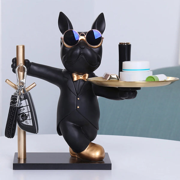 French Bulldog Sculpture Dog Statue Decorative Figurine Storage Metal Tray Coin Piggy Bank Entrance Key Snack Holder