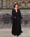 Luxury Brand 100% Silk Evening Dress Long Sleeve Patchwork Feather Black Dress Turn-down Collar Shiny Sequins Embroidery Dresses
