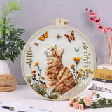 AOOKMIYA DIY Cat and Flower Embroidery Kit for Beginners - Complete handmade cross stitch kit, mixing colors, fabric materials and animal