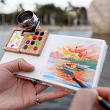 AOOKMIYA New 11-grid Portable Palette Mini Watercolor Paint Box Walnut Travel Carry-on Painting and Sketching Set Art Supplies