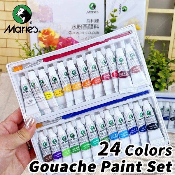 AOOKMIYA Marie's 24 Colors Gouache Paint Set with 2pcs Paintbrushes,5ml/Tubes Rich Multi-Purpose Pigment for Painting,Canvas,Paper,DIY