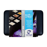 AOOKMIYA Van Gogh 12 Color Solid Watercolor Paint Set with Palette Brush Metallic Intrusion Color Artist Travel Painting Art Supplies