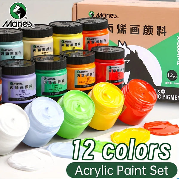 AOOKMIYA Marie's 12 colors Acrylic Paint Set,50ml/1.69oz Bottles in Box for Wall,Wood,Porcelain,DIY,Glass,Canvas,for Artist and Adults