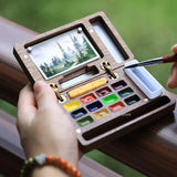 AOOKMIYA Portable 12Colors Watercolor Palette Set with Brush Walnut Magnetic Paints Box Travel Painting Sketching Paint Tray Art Supplies