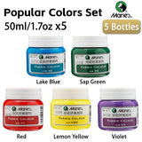 AOOKMIYA 5 Bottles Marie's Fabric Paint Set 50ml/1.69oz,Bright Colors,Quick-Drying,Suitable for Clothes,Canvas Bag,Great for Adults