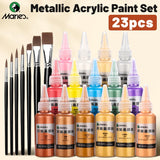 AOOKMIYA 22pcs Marie's Metallic Acrylic Paint Set,15 Colors & 7pcs Paintbrushes,Rich Iridescent Pearlescent Pigments for DIY,Rock,Glass