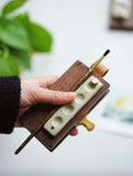 AOOKMIYA Handmade MINI Cute Walnut Wood  Folding Ceramic Color Palette Watercolor Ledger Leather Handle  AOOKMIYA.COM
