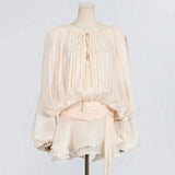 AOOKMIYA 2025 Elegant Chiffon Ruffle Skirt 2-piece Dress Women's Solid Chic V Neck Lace Up Puff Full Sleeve Sweet Style Mini Party Gowns AOOKMIYA.COM