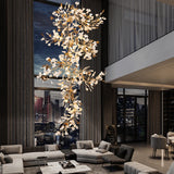 Large Ginko Leaf Chandeliers High Ceiling Staircase Ceramics Leaf Pendant Hanging Chandelier for Vila Lobby Luxury Living Room