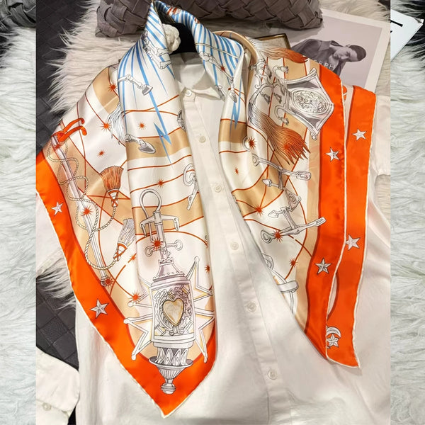 BYSIFA| Orange White Women Pure Silk Scarves Hijabs Elegant Chain Design 100% Mulberry Silk Square Neck Scarf Shawl 86*86cm