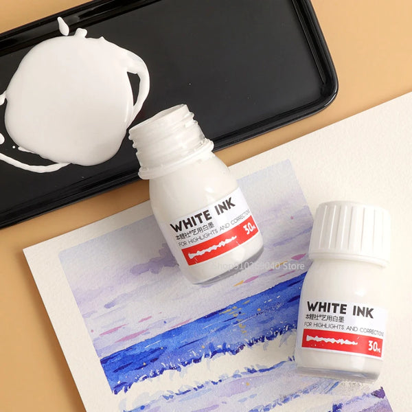 AOOKMIYA 30ML/bottle Watercolor Highlight White Ink Opaque Strong Coverage Painting Hair Dot Highlight Comic White Ink Art Supplies