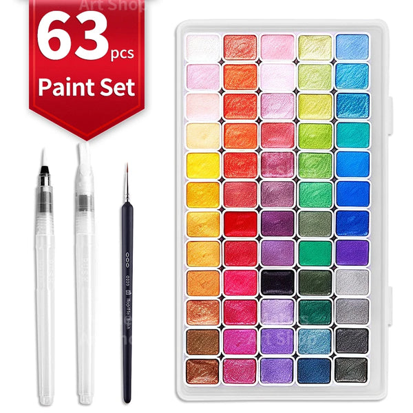 AOOKMIYA 60 Colors Metallic Watercolor Paint Set, Including 3pcs Flat,Point,Fine Tip Paint Brushes for Painting,Writing, for Adult,Artist