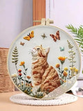 AOOKMIYA DIY Cat and Flower Embroidery Kit for Beginners - Complete handmade cross stitch kit, mixing colors, fabric materials and animal