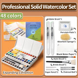 AOOKMIYA Marie's 18/24/36/48 Colors Solid Watercolor Paint Set,Includes Refillable Water Pens, Porcelain Plates, Sponge,Watercolor Paper
