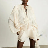 AOOKMIYA 2025 Elegant Chiffon Ruffle Skirt 2-piece Dress Women's Solid Chic V Neck Lace Up Puff Full Sleeve Sweet Style Mini Party Gowns AOOKMIYA.COM