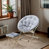 Round Folding Faux Fur Saucer Chair for Bedroom Living Room Dorm Comfy Furry Padded Soft Cozy Moon Chair with Footrest Ottoman