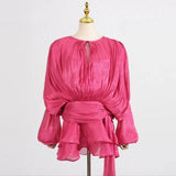 AOOKMIYA TWOTWINSTYLE Loose Solid Dresses For Women Round Neck Lantern Sleeve High Waist Spliced Fold Mini Chic Dress Female Fashion 2025 AOOKMIYA.COM