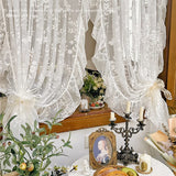 White Embroidered Lace Curtain, French Romantic Ruffled Voile Rod Pocket, Light Filtering Floral Sheer Curtains for Bedroom