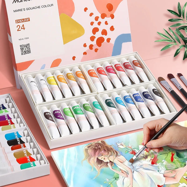 AOOKMIYA Marie's Gouache Paint Set,24/36 Colors x 12ml,0.4fl oz Tubes,Water-Based Pigment for Canvas,Crafts,Painting for Adults