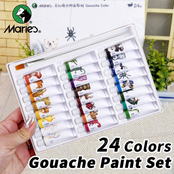 AOOKMIYA Marie's 24 Colors Gouache Paint Set with 2pcs Paintbrushes, 5ml/Tubes Rich Pigment Kit for Painting,Canvas,Paper,DIY for Adults
